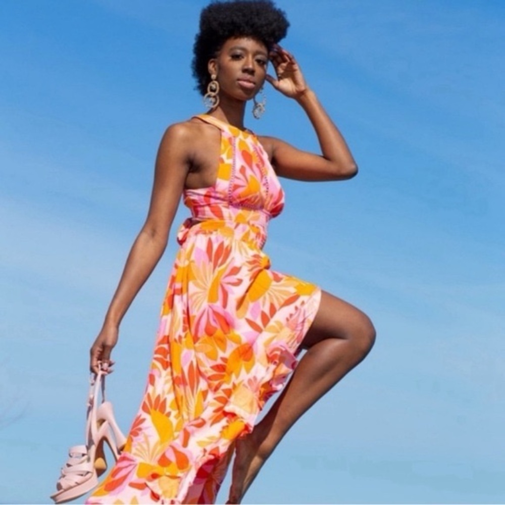 Anthropologie Rumi Floral Multicolor Maxi Dress Orange Pink Yellow Flowy Travel